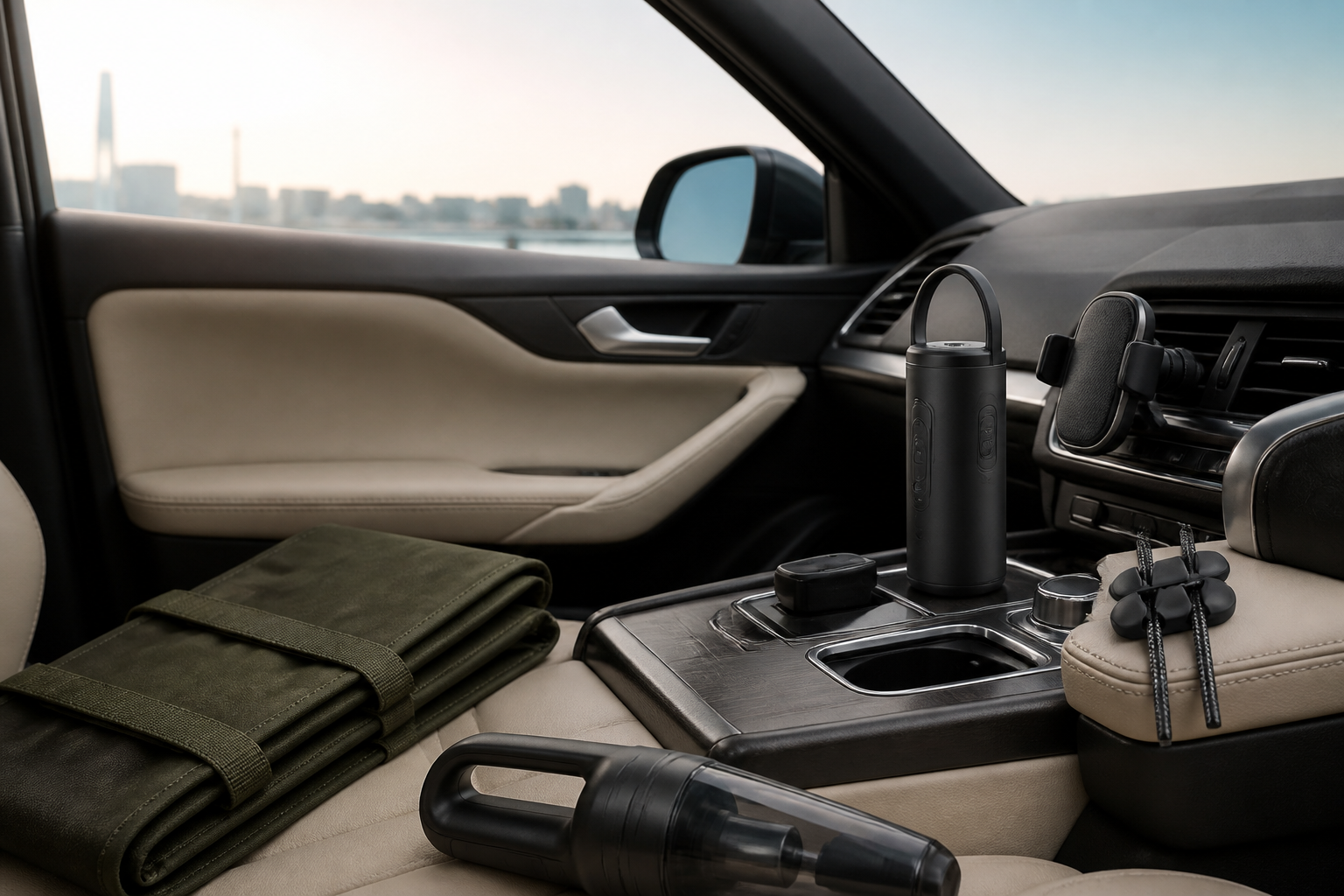 Noviquieo auto tech essentials arranged in a modern vehicle interior
