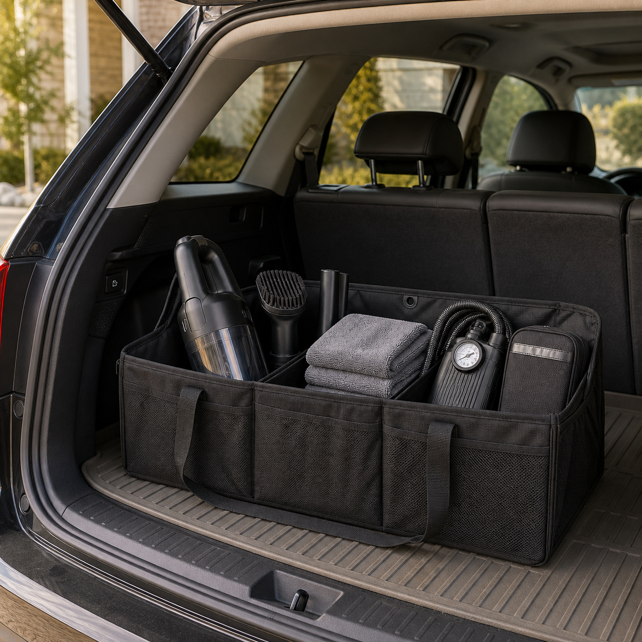 Noviquieo organized trunk kit with vacuum cleaning tools inflator and towels